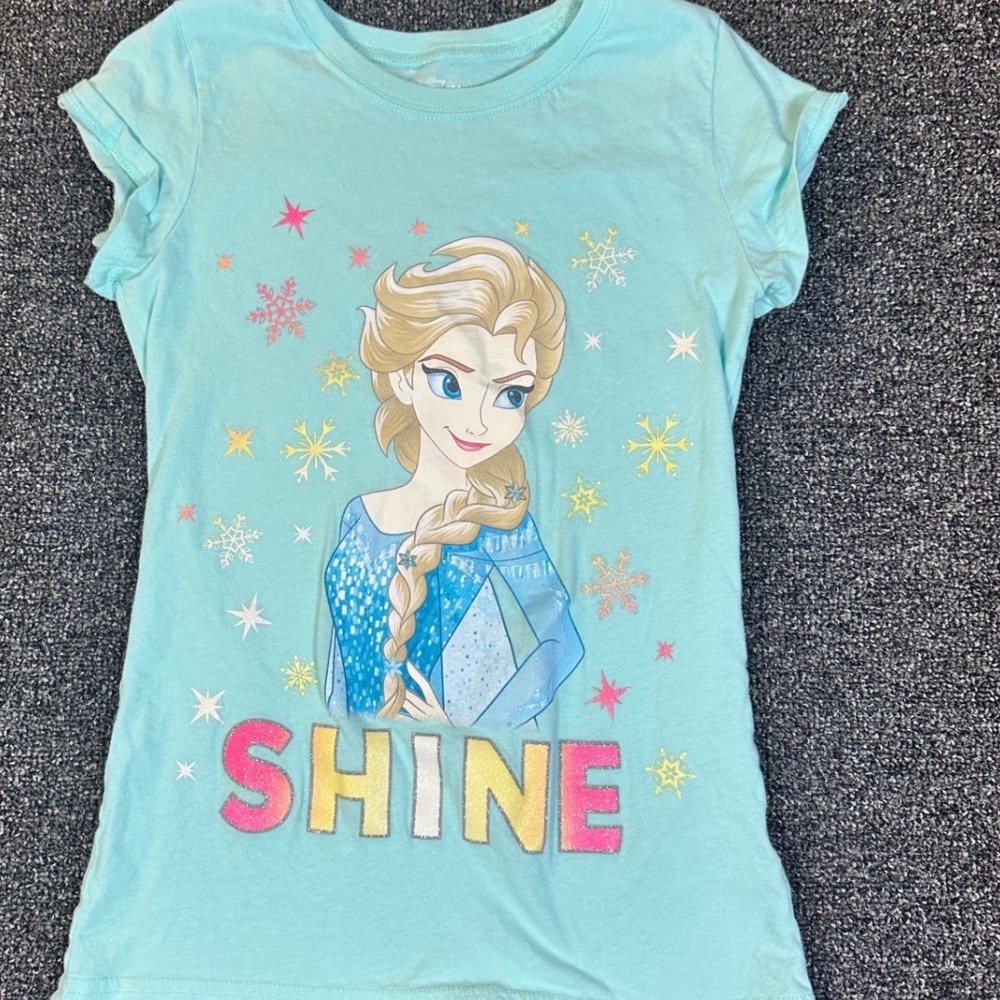 Disney Frozen Elsa Shine Graphic T-Shirt‎ Girls Large 10/12 Blue Glitter Tee